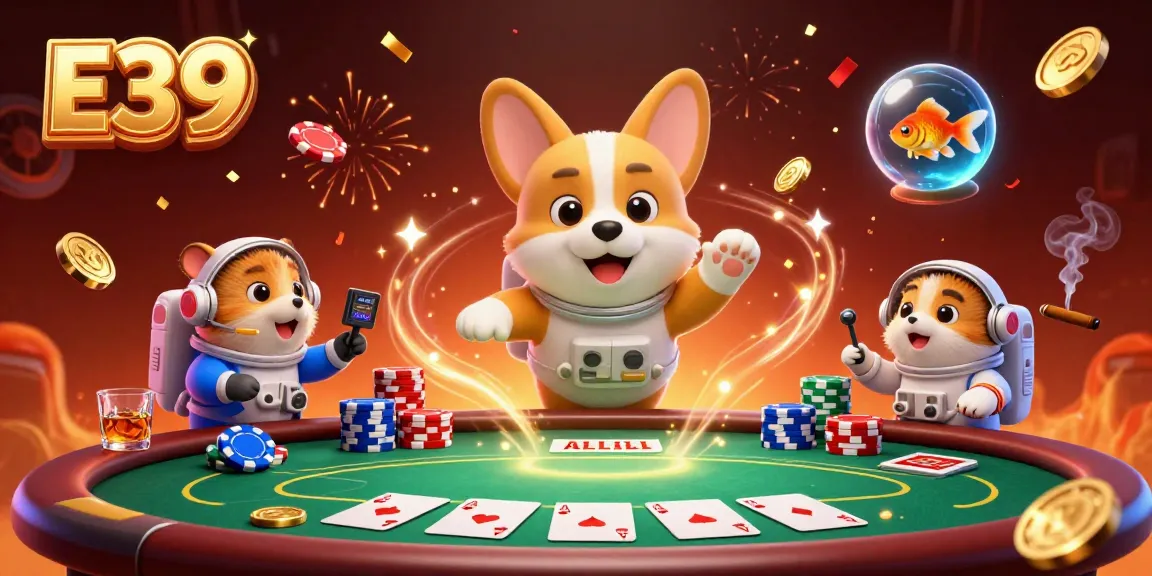 E39 players enjoying a vibrant space casino with floating chips and excitement.