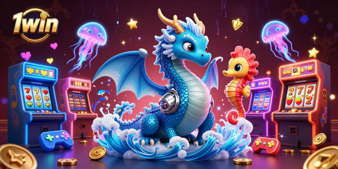 Engage with 1win's thrilling illustrative scene, featuring a dragon and casino game elements.