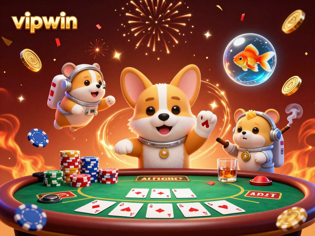 Join the vipwin adventure at a space casino with poker chips and a playful corgi