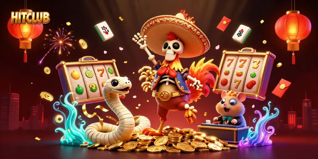 HITCLUB lively casino scene with a dancing mariachi rooster, golden coins, and slot reels