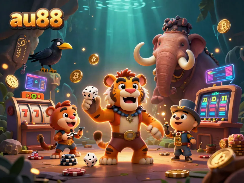 Experience the thrilling world of au88 with a dynamic prehistoric casino scene showcasing wild characters and colorful game elements.