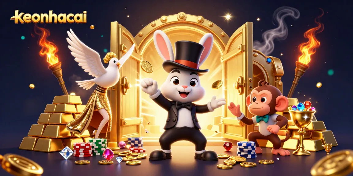 Engage with keonhacai's magical casino atmosphere featuring a rabbit magician, a dove, and a monkey amidst sparkling riches.