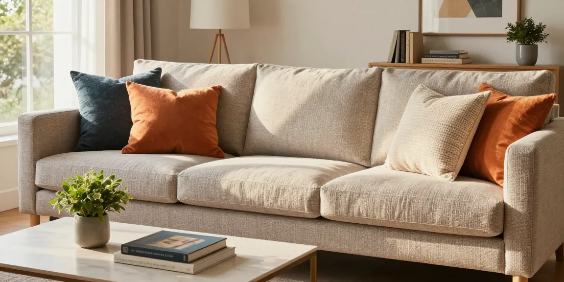 Stijlvolle meubelhoezen op een elegante bank in een lichtvolle woonkamer.