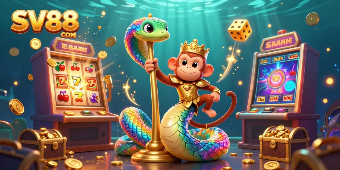Experience the excitement of SV88 COM with a vibrant scene of gaming symbols, a serpent, and a king.