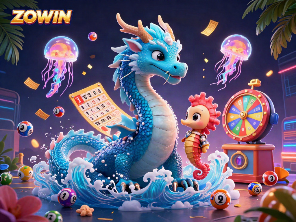 ZOWIN showcases a dynamic casino scene with a water dragon and seahorse knight amidst vibrant gaming elements.