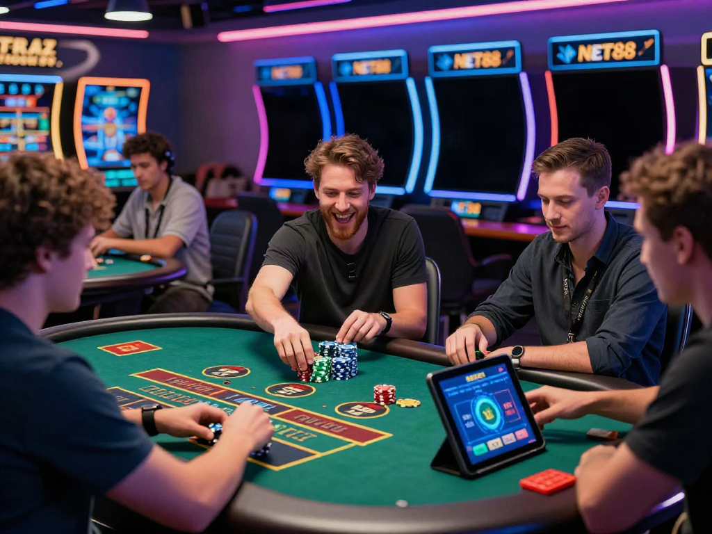 Players engaging on NET88 platform showcasing live dealer games and sports betting in a vibrant gaming lounge.