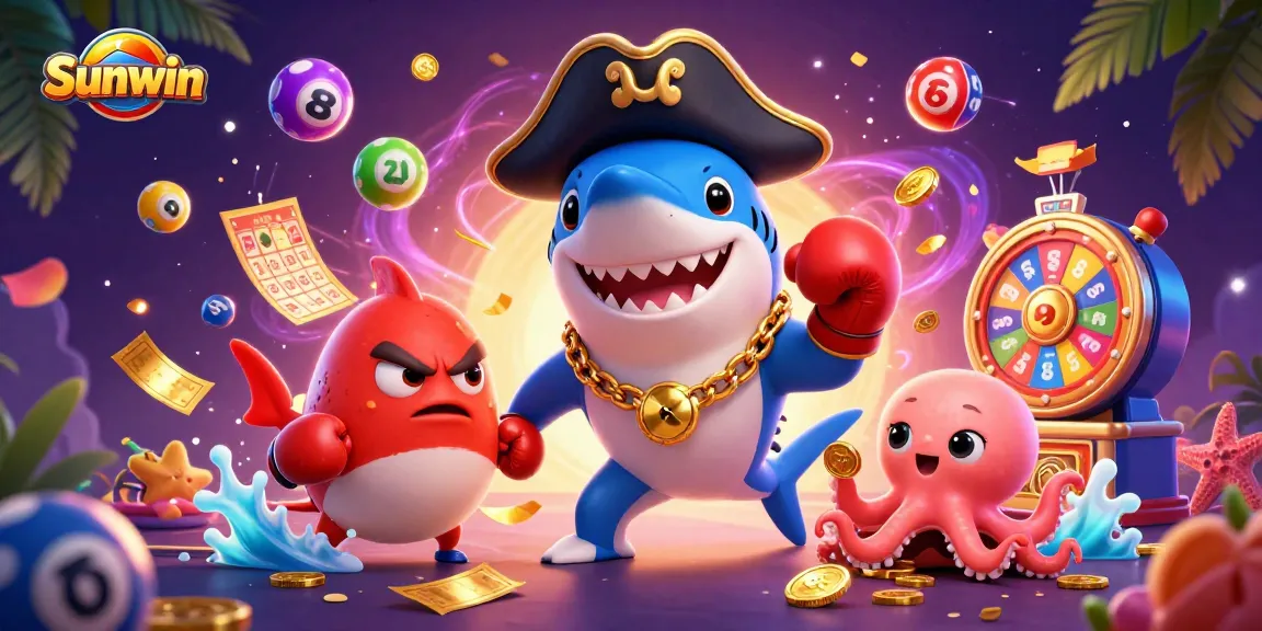 Experience thrill and excitement at Sunwin, featuring vibrant lottery balls, a pirate shark captain, and an octopus with coins.
