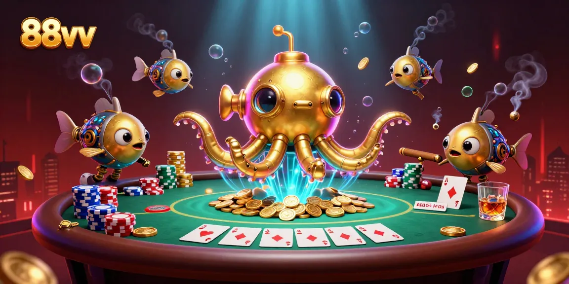 88vv players engage in thrilling poker action with a golden kraken submarine amidst golden coins.