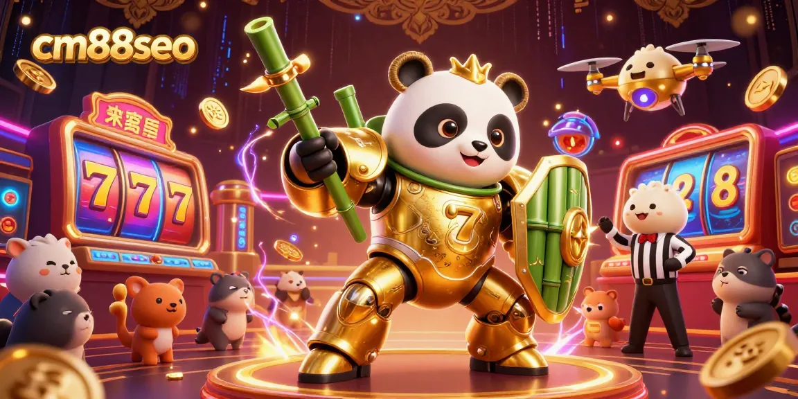 Engage with cm88seo's thrilling casino scene featuring a mech-suit panda amid vibrant slots and arcade action.