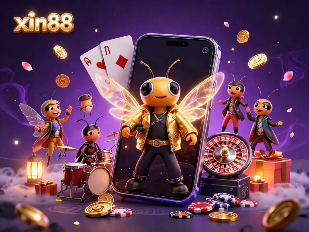 Experience thrill with xin88's vibrant casino world featuring a rock star cicada, lush visuals, and interactive game elements.