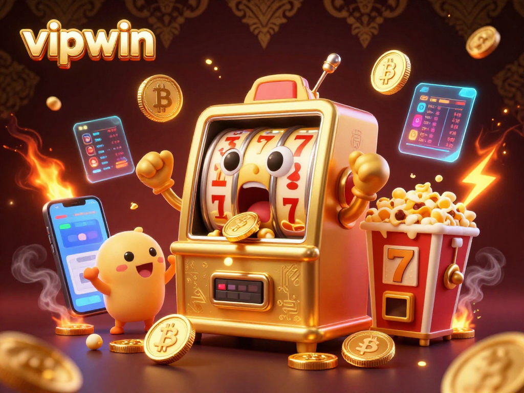 Win big at vipwin as a cartoon slot machine hits a jackpot, surrounded by crypto elements.