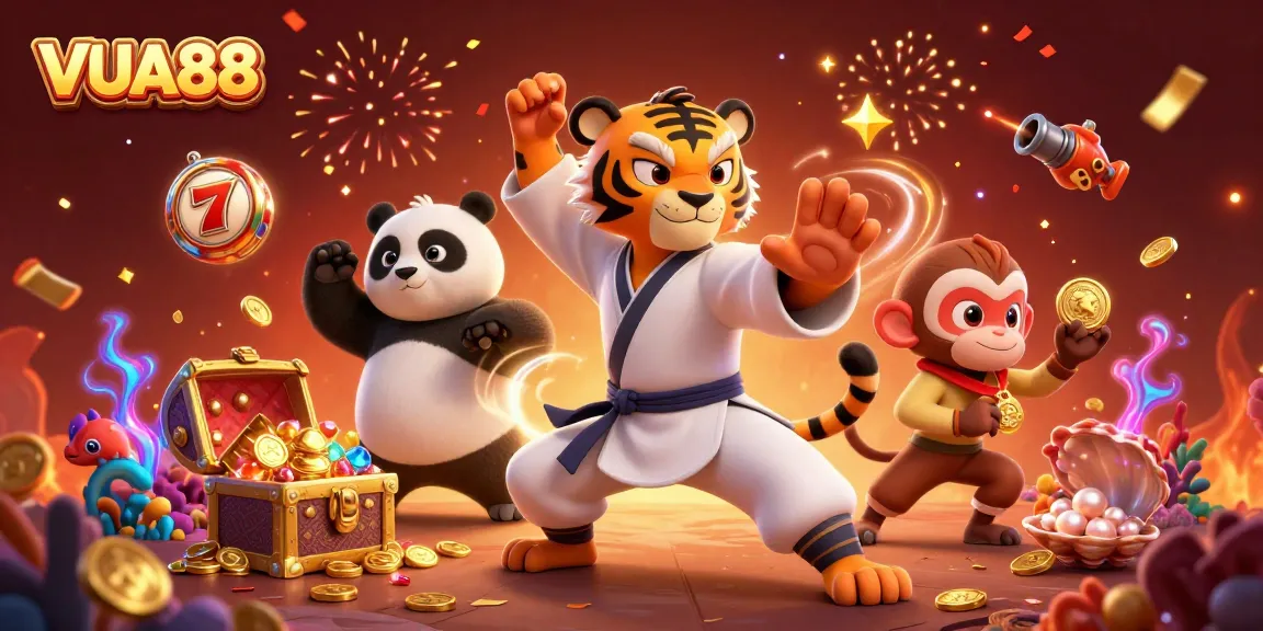 Experience thrilling slots and jackpots at VUA88 with animated tiger master and panda disciple amidst vibrant casino elements.