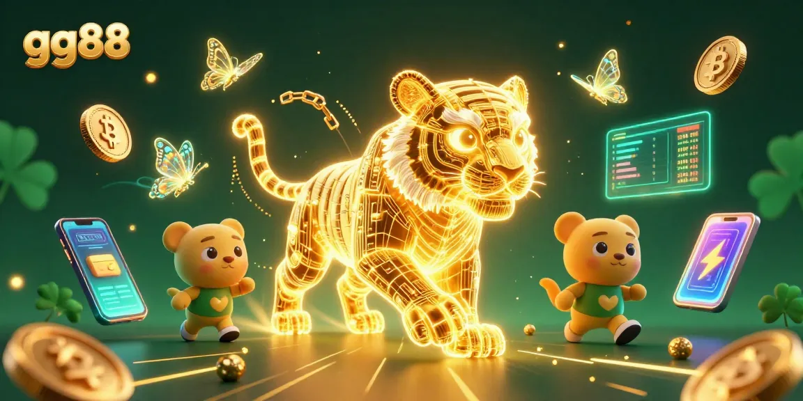 Win big with gg88 in a vibrant 3D casino illustration featuring a golden tiger and crypto elements.