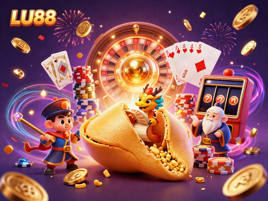 Experience thrilling gameplay at LU88 with a vibrant scene of fortune cookies, dragons, and casino elements.