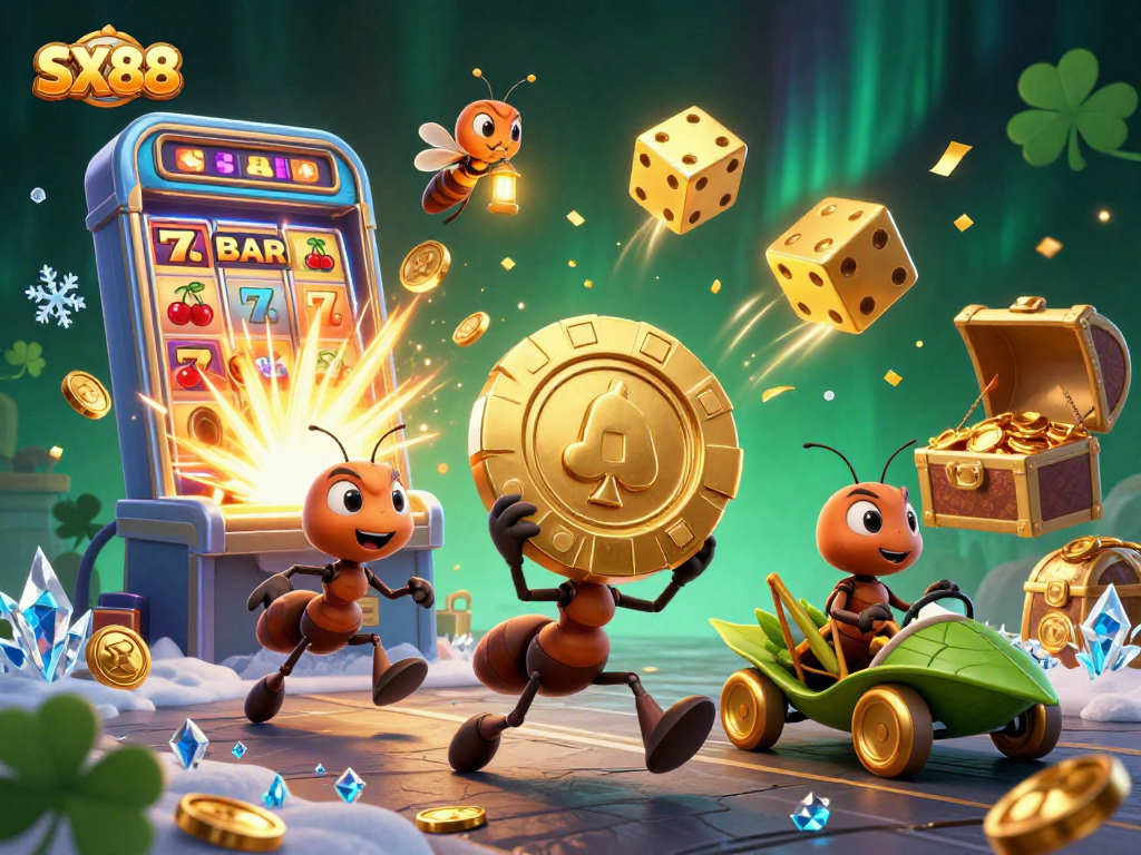 SX88 ants execute a heist, bringing luck with golden poker chips amidst dynamic casino elements.
