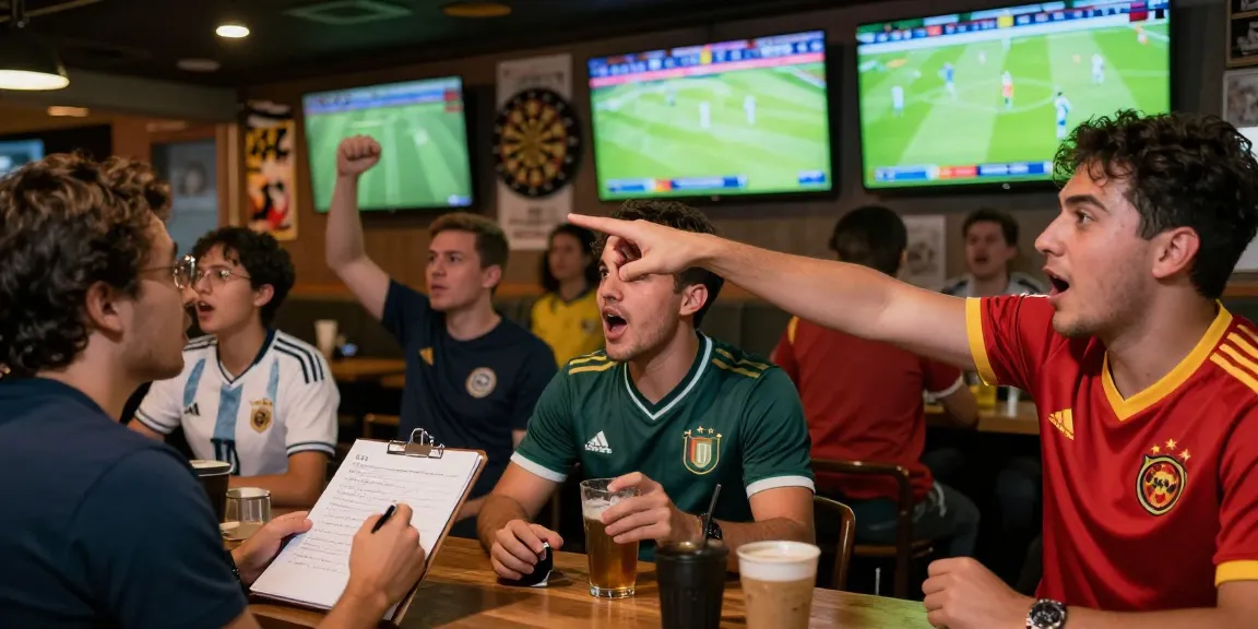 Football fans excitedly discussing kèo nhà cái predictions during a World Cup match.
