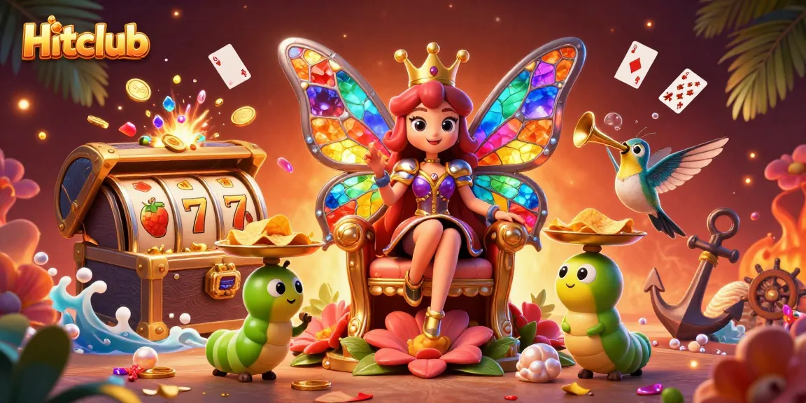 Engage with Hitclub's vibrant casino scene featuring a butterfly queen and thrilling slot elements.