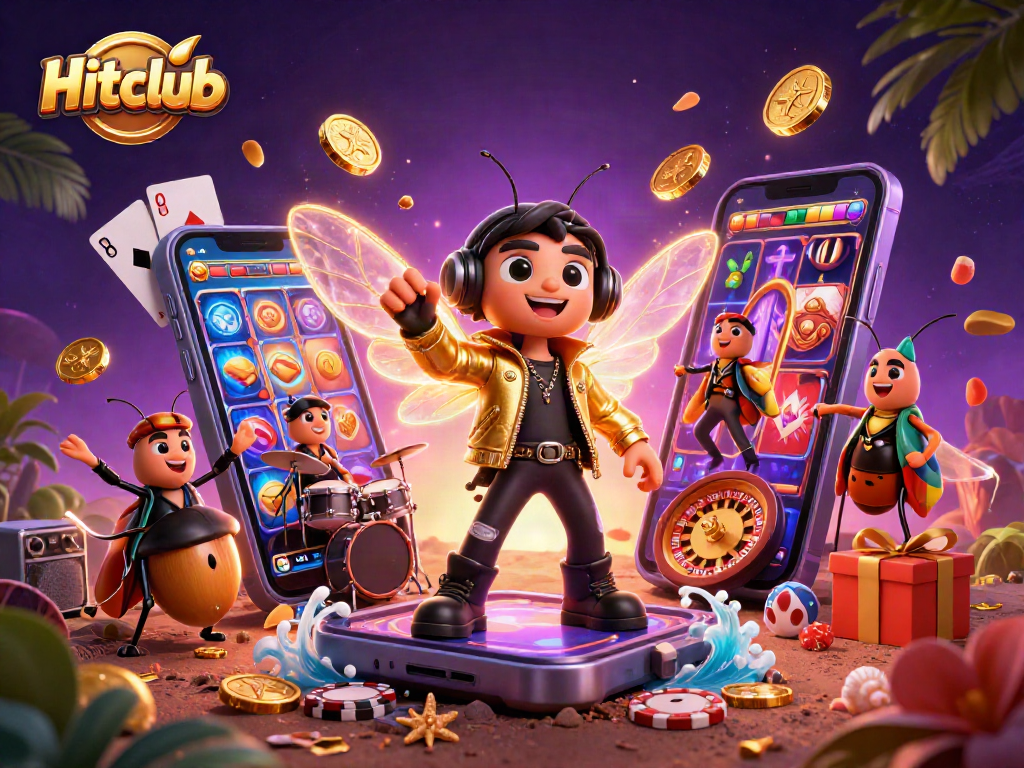 Experience Hitclub's thrilling slots action with vibrant characters and games in a dynamic illustration.