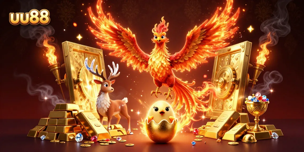 uu88 players can enjoy winning big with dazzling treasure and mythical creatures in this vibrant casino illustration.