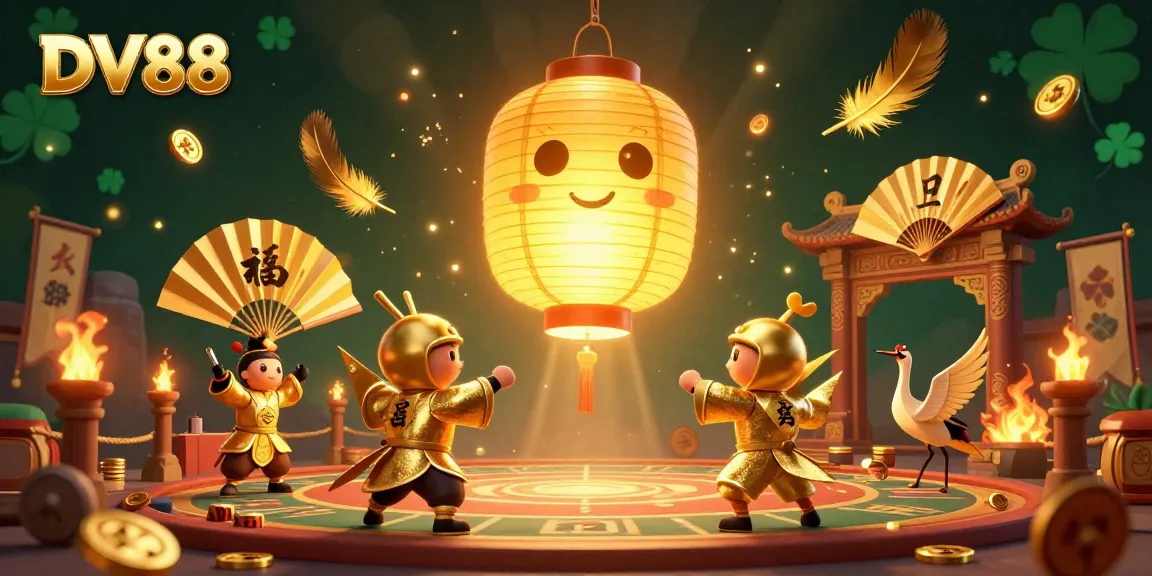 Experience the thrill with DV88 at an immersive casino scene filled with golden lanterns and warriors.