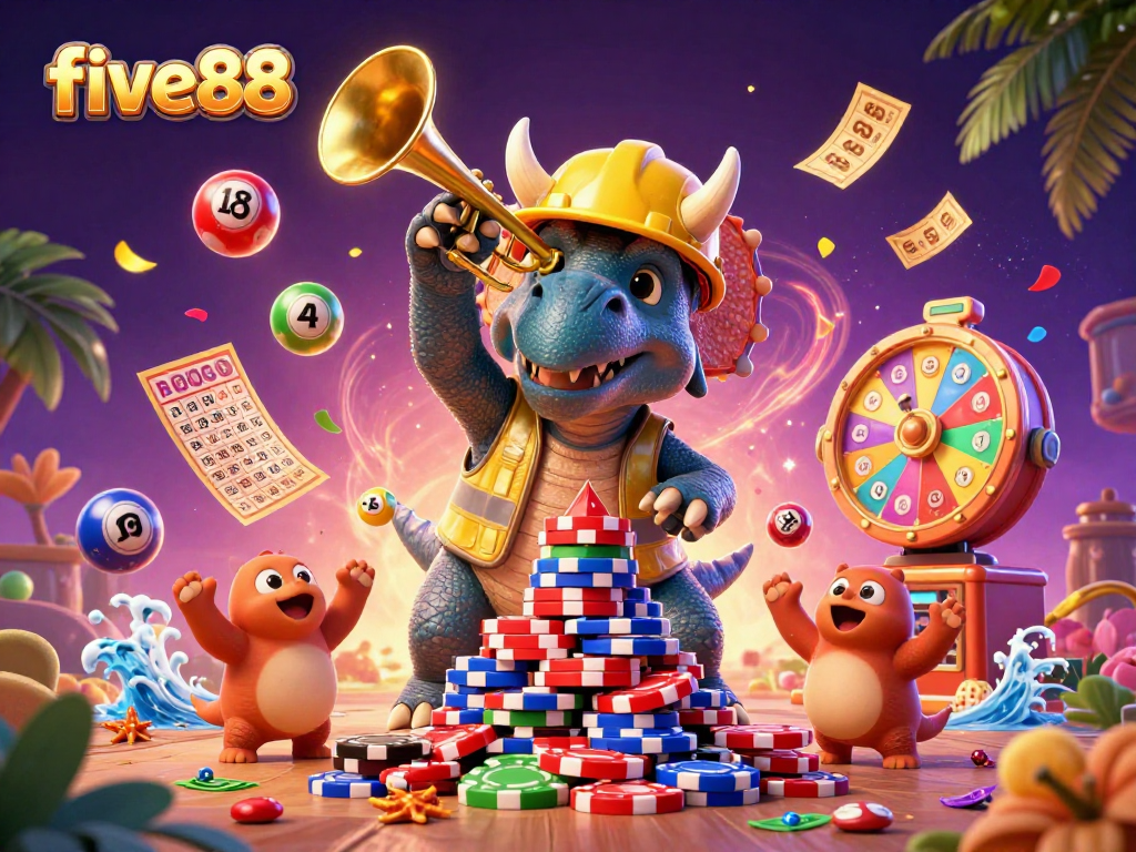 Engage in exciting gaming action at five88 with vibrant lottery balls, poker chips, and festive characters.