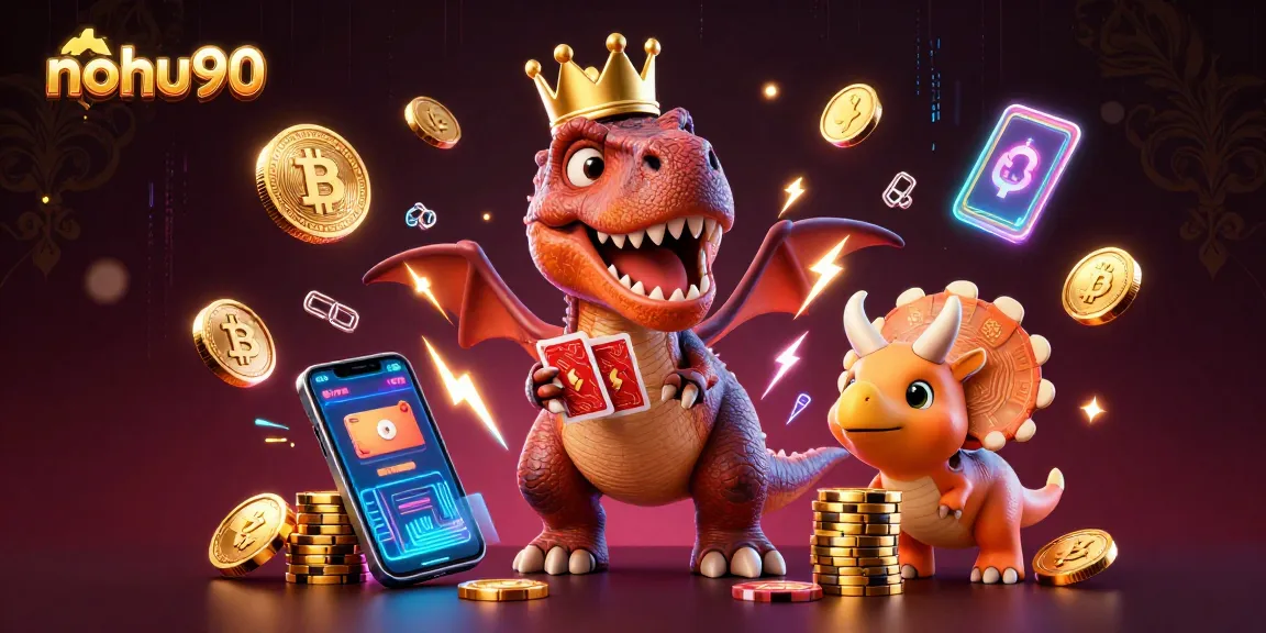 Nohu90 showcases a T-Rex dealing cards, promoting vibrant crypto casino gaming experiences.