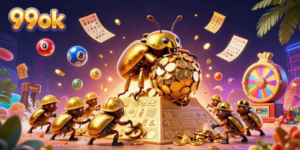 Experience the excitement of 99ok with a vibrant casino-themed illustration featuring golden beetles and lottery elements.