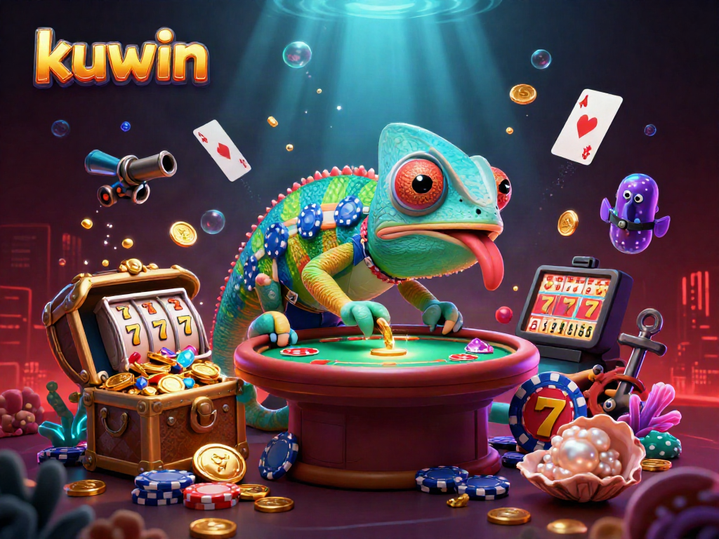 kuwin casino owner chameleon catching coins in a vibrant underwater scene