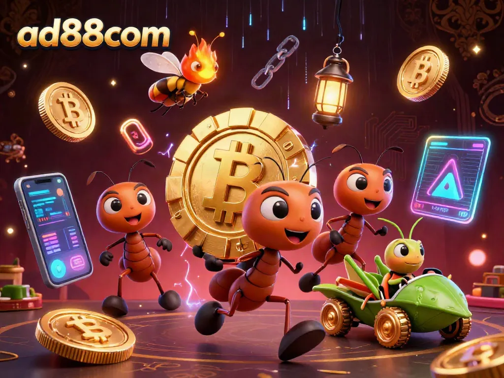 ad88com showcases a dynamic casino heist scene with ants, crypto elements, and vibrant energy.
