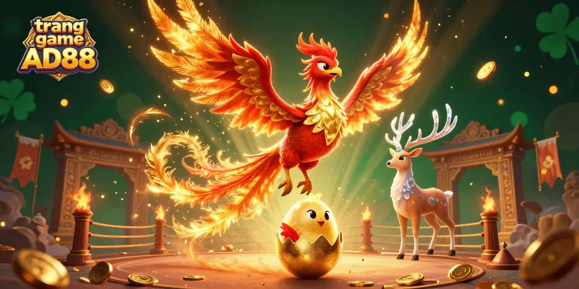 Engage with the dynamic expanse of trang game AD88 featuring a fire phoenix scene with a mystical stag in a gambling arena.