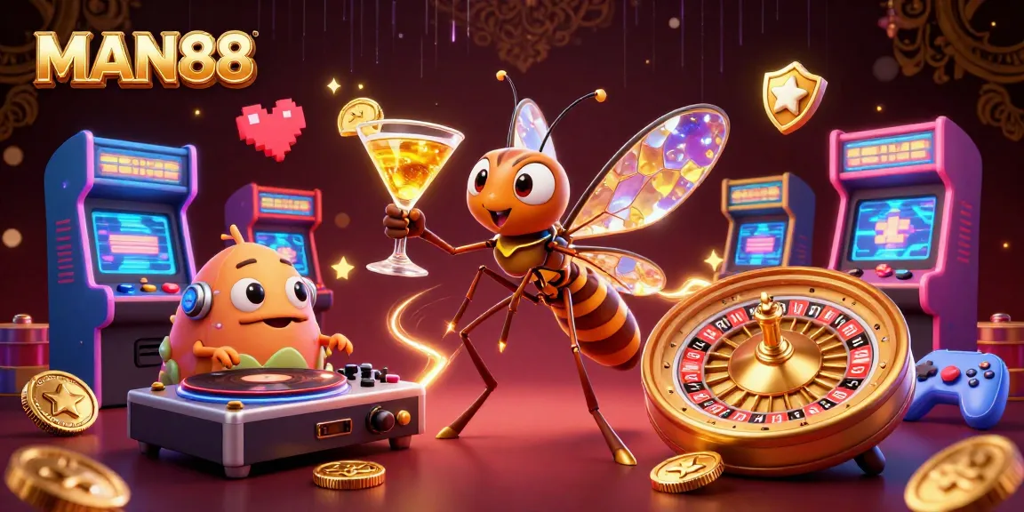 Experience thrilling action at MAN88 with a unique casino scene featuring animated characters and gaming elements.