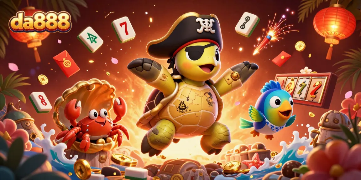 Bet with da888 featuring a pirate turtle and treasure elements in a vibrant casino scene.