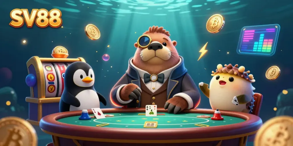 Experience the thrill of underwater poker with SV88's vibrant casino characters and digital assets.
