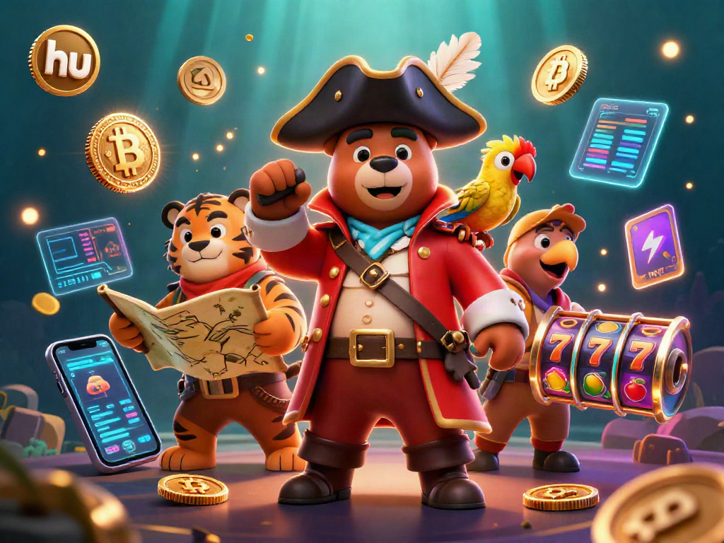 Engage with hu at a vibrant casino featuring a pirate bear captain and tiger amid Bitcoin treasures.