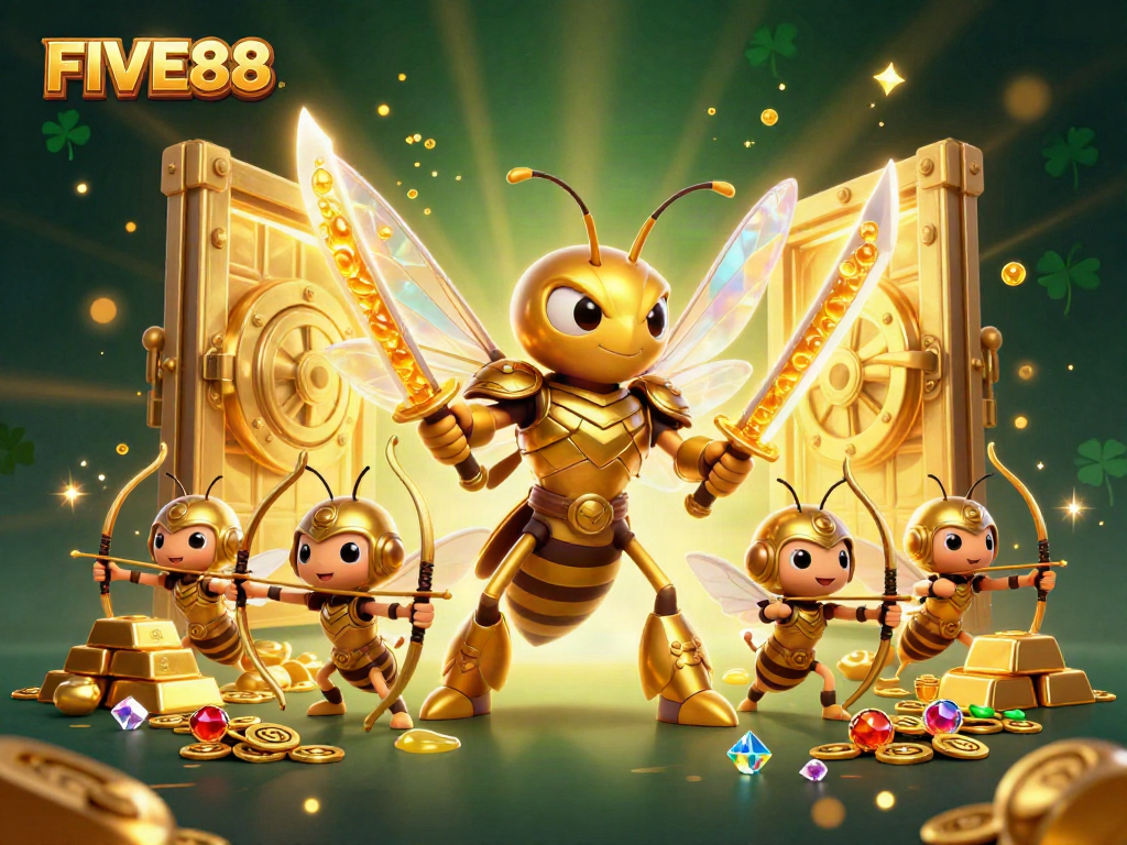 Engage in thrilling gameplay at FIVE88 with a captivating scene of a golden hornet and treasures.