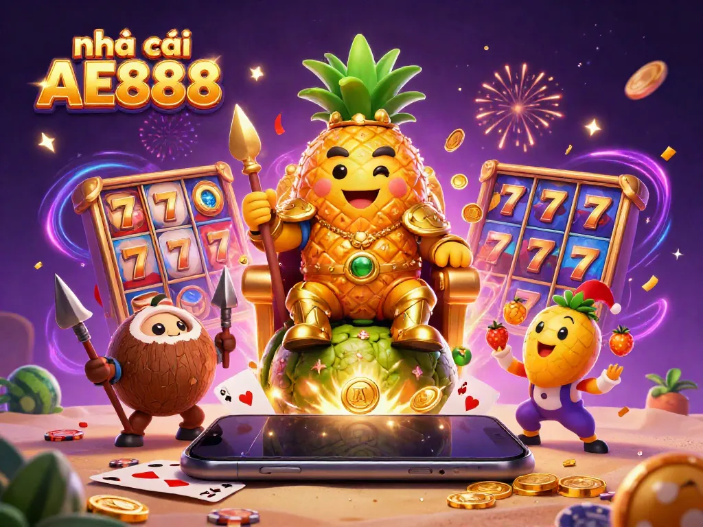 Engage with Nhà cái AE888 and win big in a vibrant casino scene featuring a golden pineapple king.