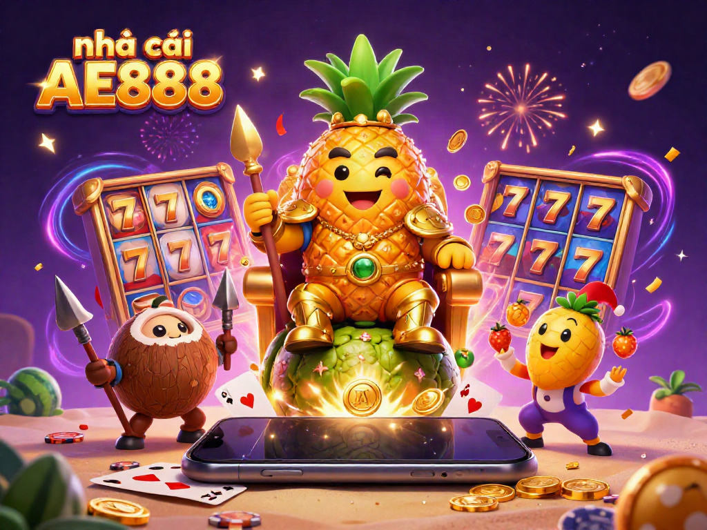 Engage with Nhà cái AE888 and win big in a vibrant casino scene featuring a golden pineapple king.