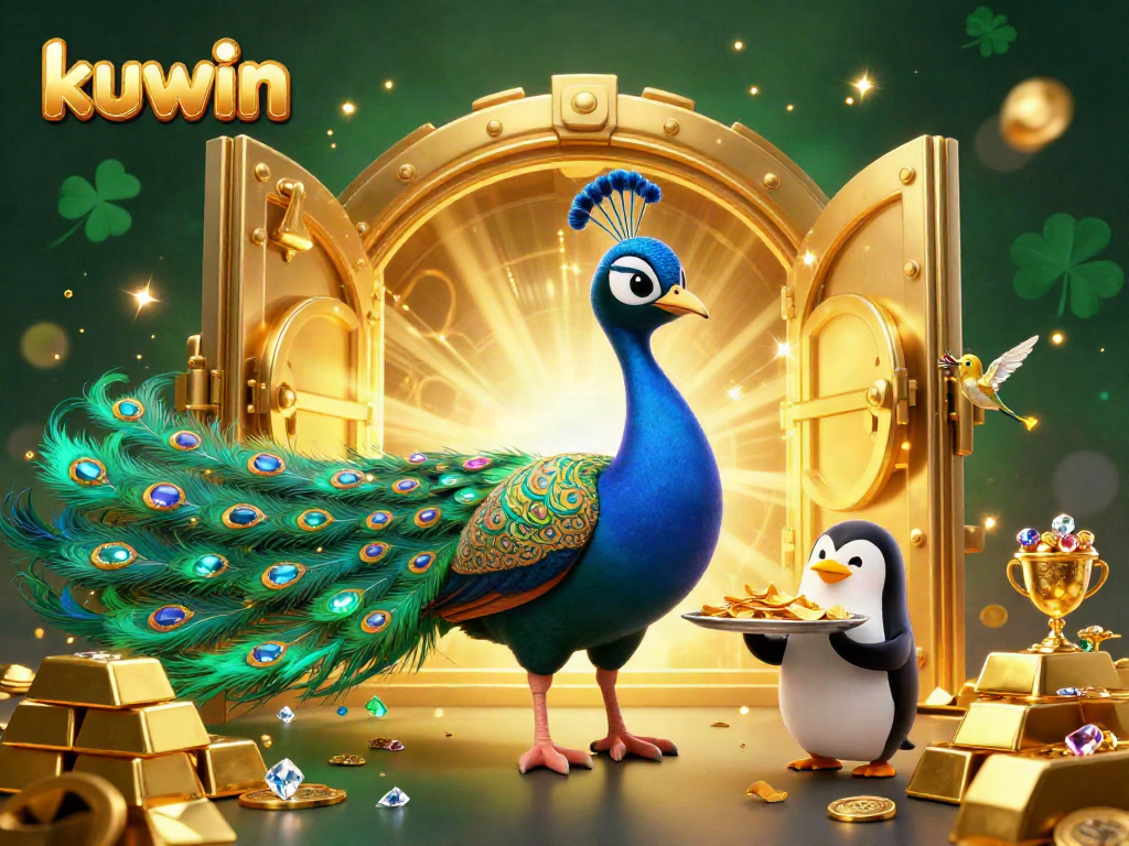 Kuwin's vibrant casino scene showcasing the peacock and penguin celebrating with golden chips among treasures.
