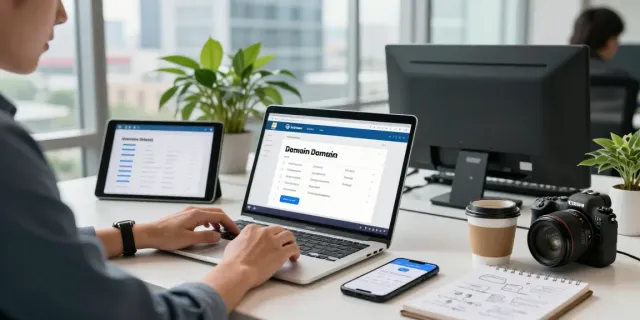 Domeinnaam registreren op laptop in moderne werkomgeving met ondersteunende technologie en professionele uitstraling