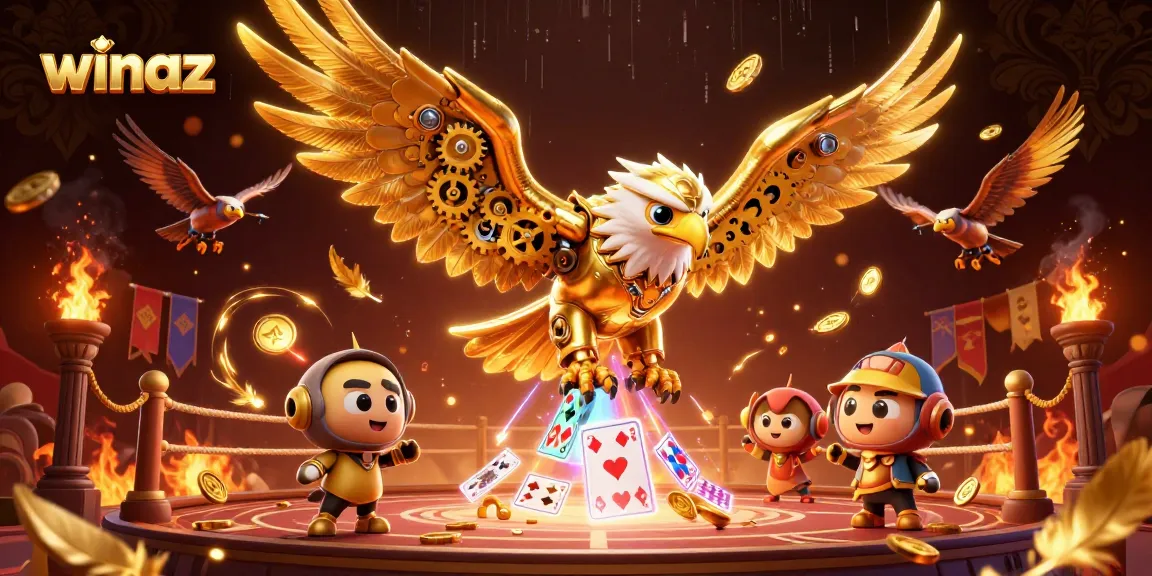 Winaz casino illustration showcasing a cybernetic eagle diving through playing cards and gold coins, vibrant and dynamic