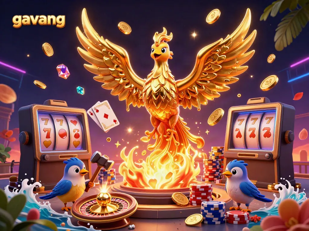 Experience the thrilling world of gavang with a gold phoenix and vibrant casino elements.