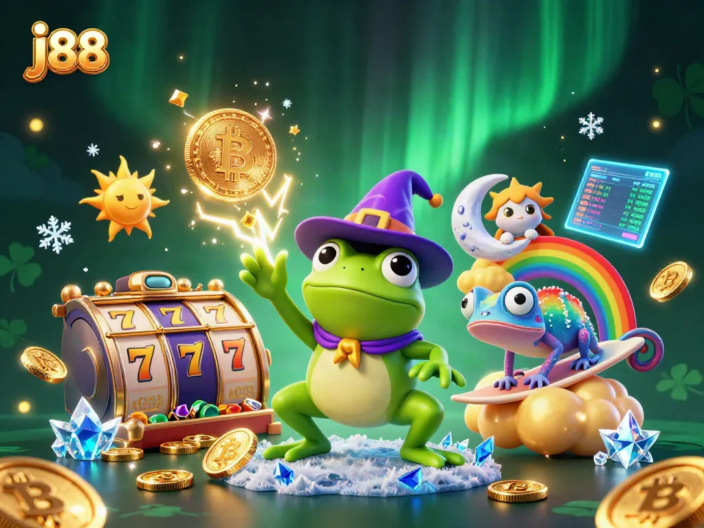 Jackpot excitement in j88 as a wizard frog conjures golden coins amidst vibrant casino elements.