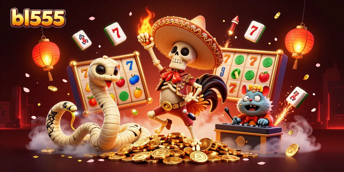 Engage in exciting games at bl555 with vibrant slot reels and lively characters celebrating winnings.