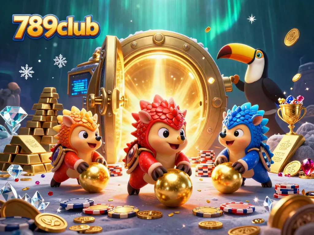 Rival pangolins in a casino-inspired showdown rolling golden balls in a lively 789club themed scene.