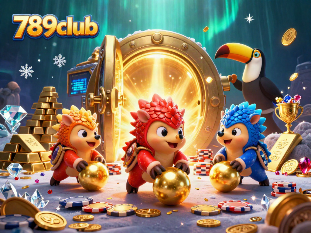 Rival pangolins in a casino-inspired showdown rolling golden balls in a lively 789club themed scene.
