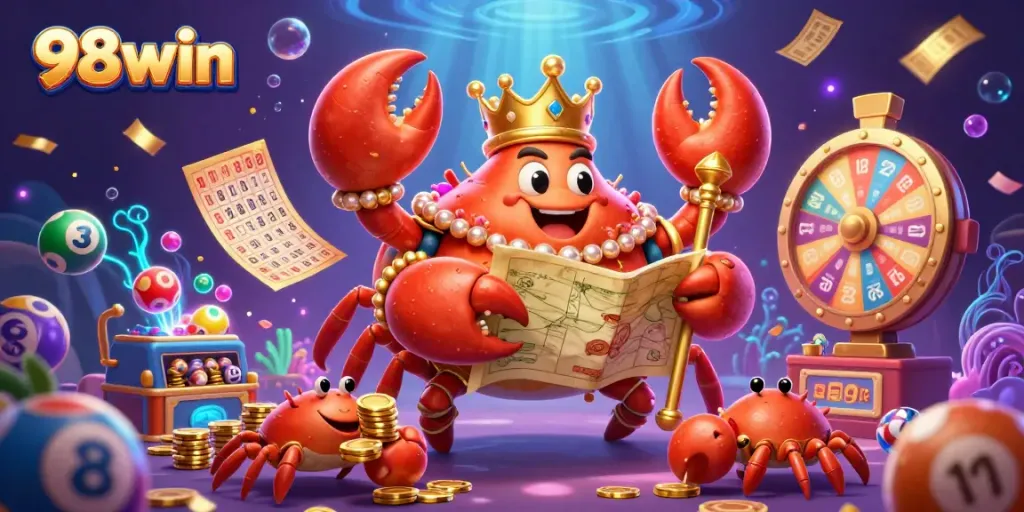Experience 98win's thrilling lottery action with vibrant lottery balls, golden tickets, and a charismatic crab emperor.