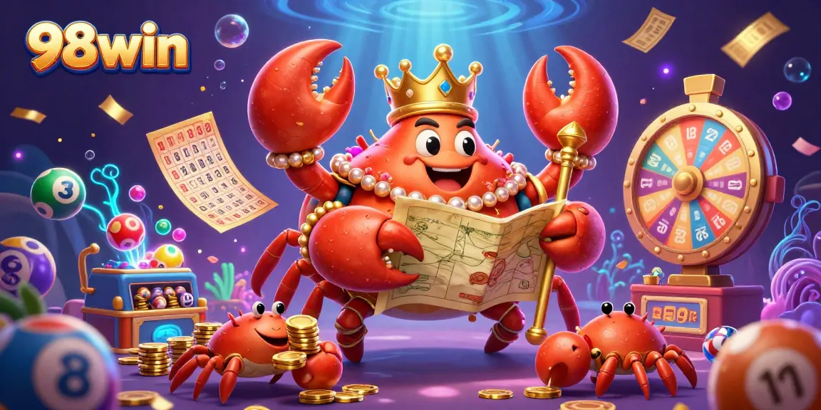 Experience 98win's thrilling lottery action with vibrant lottery balls, golden tickets, and a charismatic crab emperor.