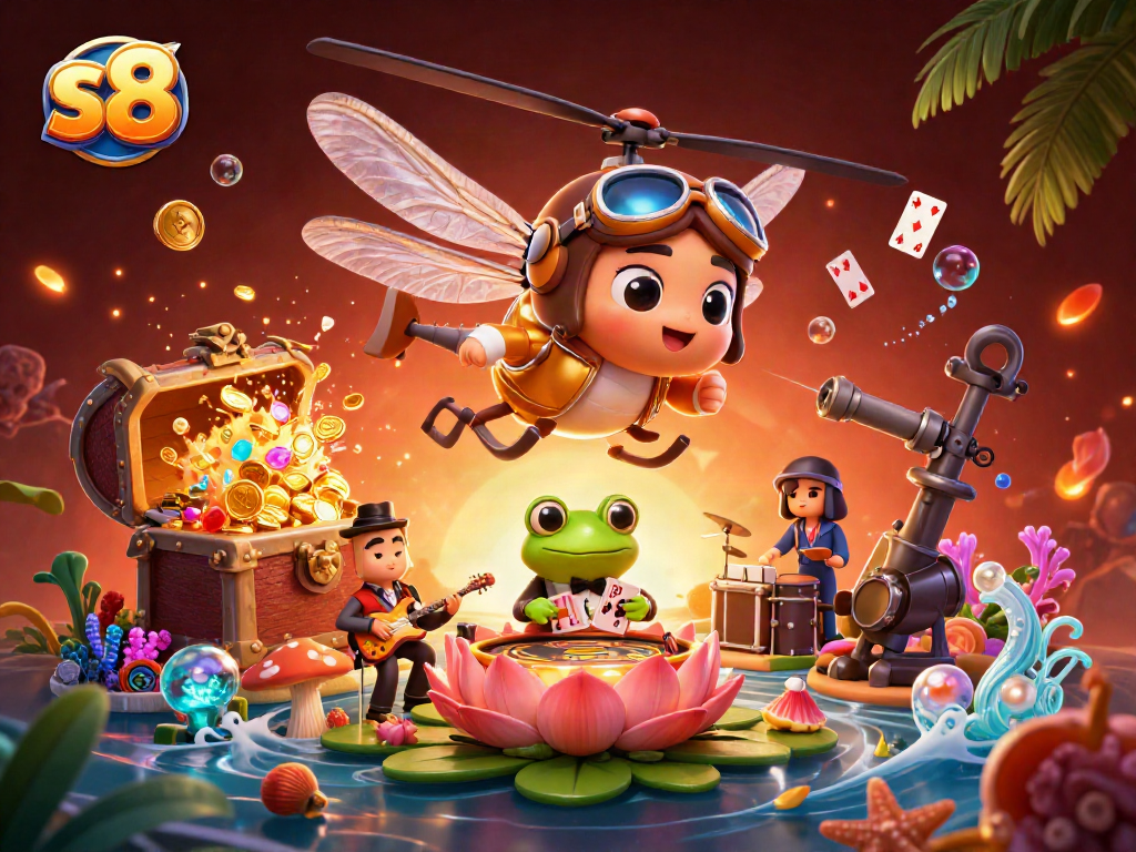 S8 casino features exciting games with a vibrant atmosphere, led by a dragonfly pilot and frog dealer.