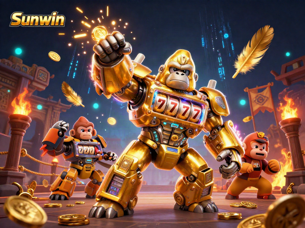 Experience thrilling gameplay with Sunwin's dynamic slot mech surrounded by vibrant casino elements.