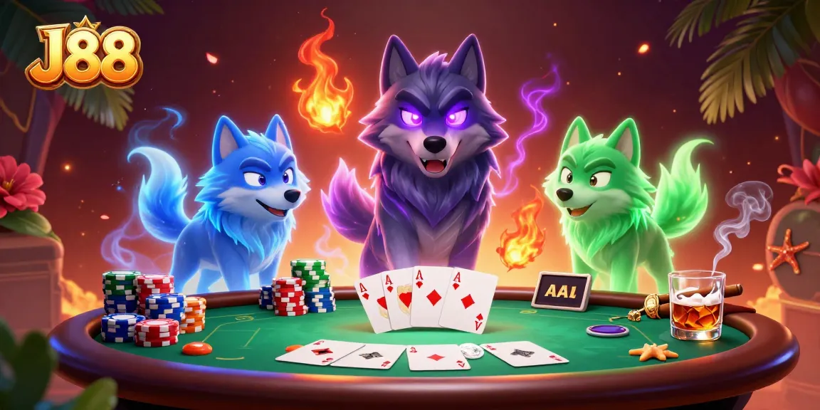 Experience the thrill of poker in J88 with wolf-themed dynamic action and vibrant gaming elements.